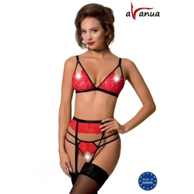 Set de lencería erótica Avanua Salome rojo y negro con sujetador, tanga y liguero.